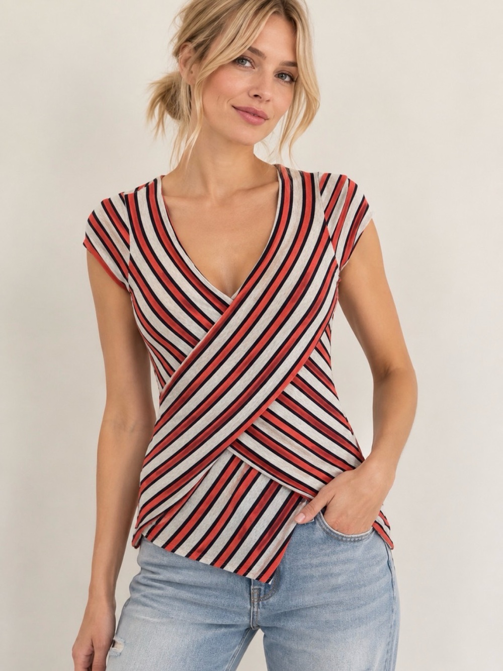 Bailey 44 Striped Faux Wrap Surplice Top Size S Rayon Made in USA